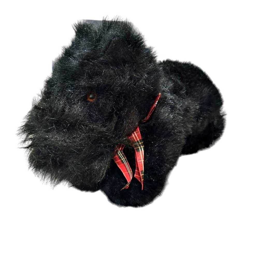 VTG Walmart Black Scottie Dog Schnauzer Plush Stuffed Animal Plaid Bow 16 Inch